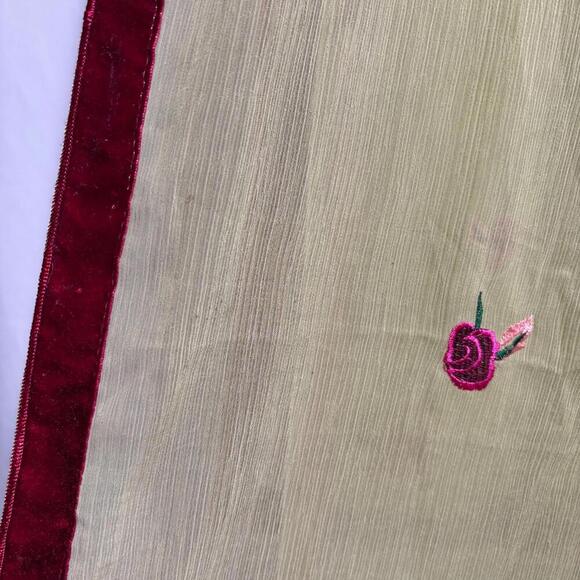 Green Chiffon Silk Scarf Wrap Pink Embroidered Flowers Red Velvet Trim * - Picture 4 of 10